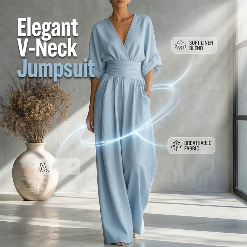Eleganter V-Ausschnitt Jumpsuit aus Leinenmix