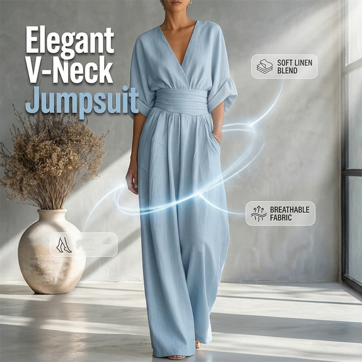 Eleganter V-Ausschnitt Jumpsuit aus Leinenmix