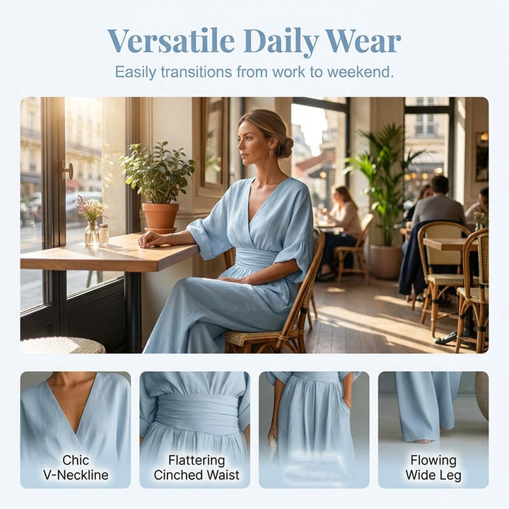 Eleganter V-Ausschnitt Jumpsuit aus Leinenmix