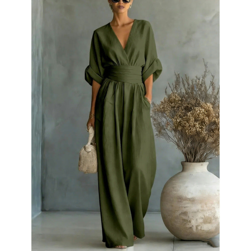 Eleganter V-Ausschnitt Jumpsuit aus Leinenmix