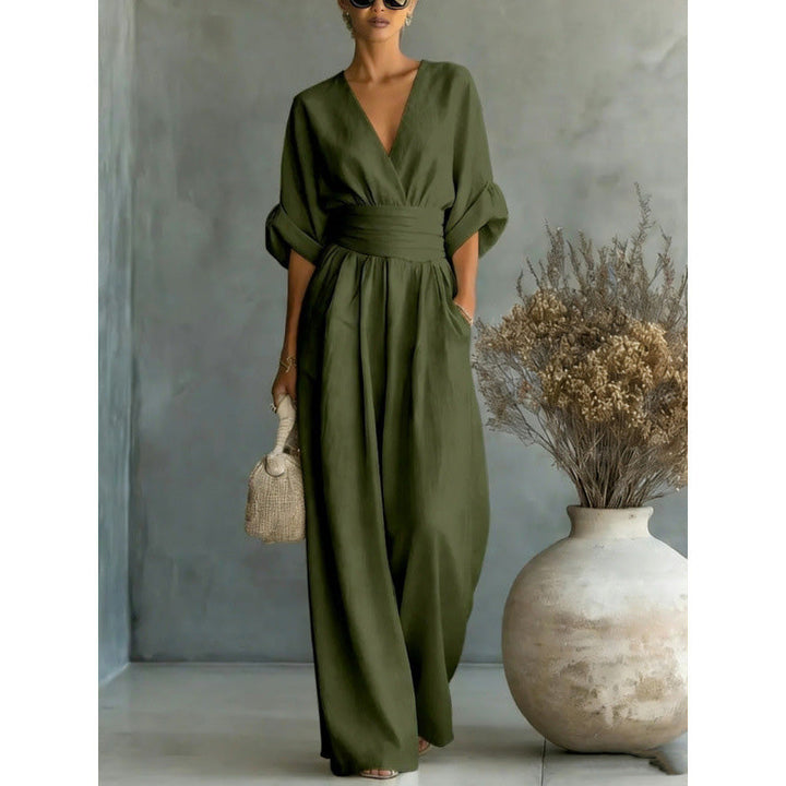 Eleganter V-Ausschnitt Jumpsuit aus Leinenmix