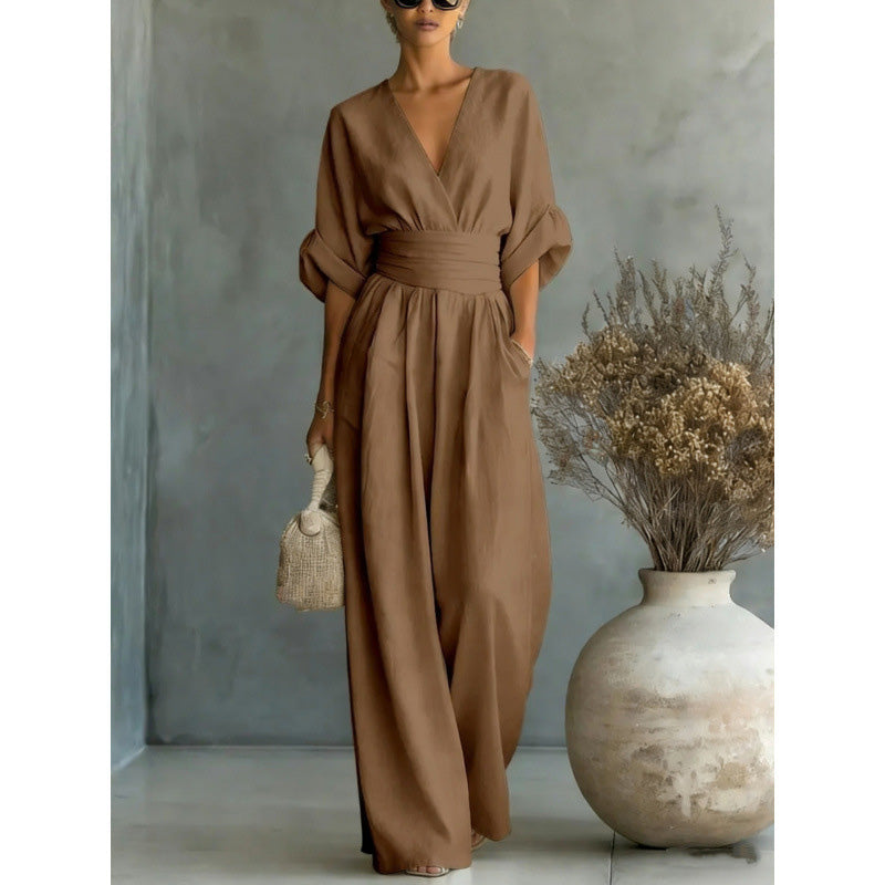 Eleganter V-Ausschnitt Jumpsuit aus Leinenmix