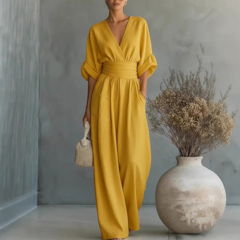 Eleganter V-Ausschnitt Jumpsuit aus Leinenmix
