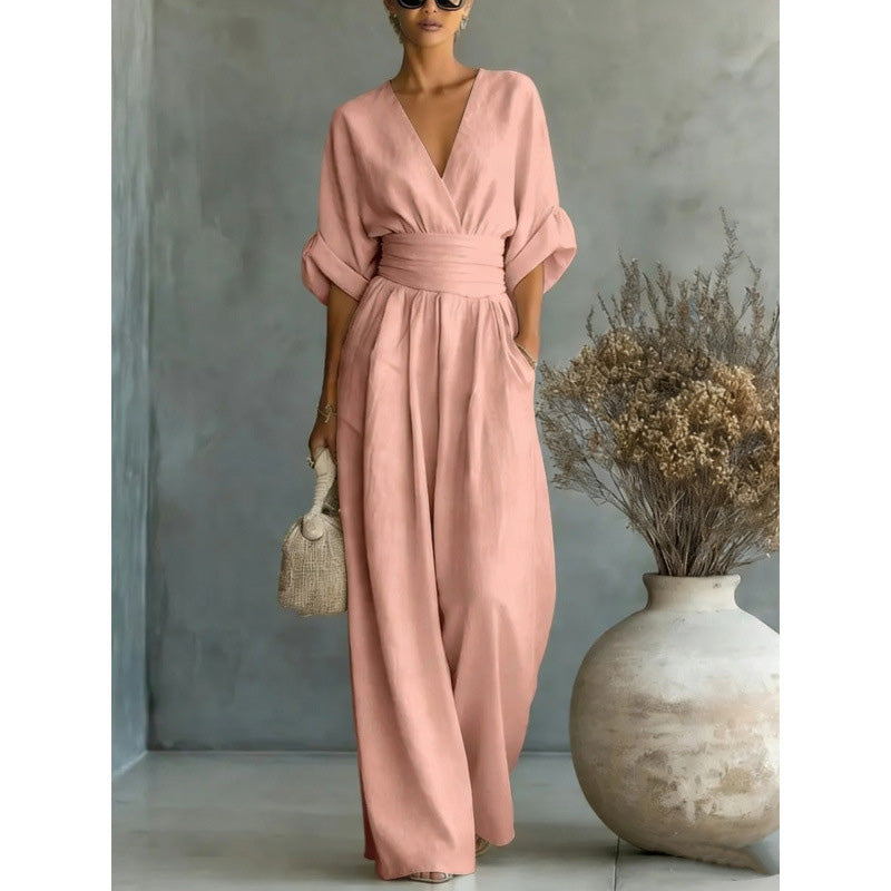 Eleganter V-Ausschnitt Jumpsuit aus Leinenmix
