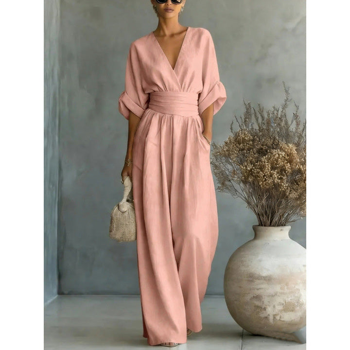 Eleganter V-Ausschnitt Jumpsuit aus Leinenmix