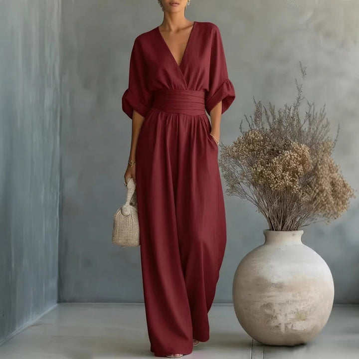 Eleganter V-Ausschnitt Jumpsuit aus Leinenmix