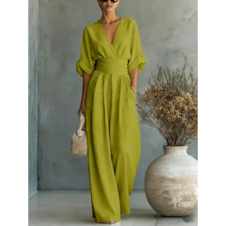 Eleganter V-Ausschnitt Jumpsuit aus Leinenmix