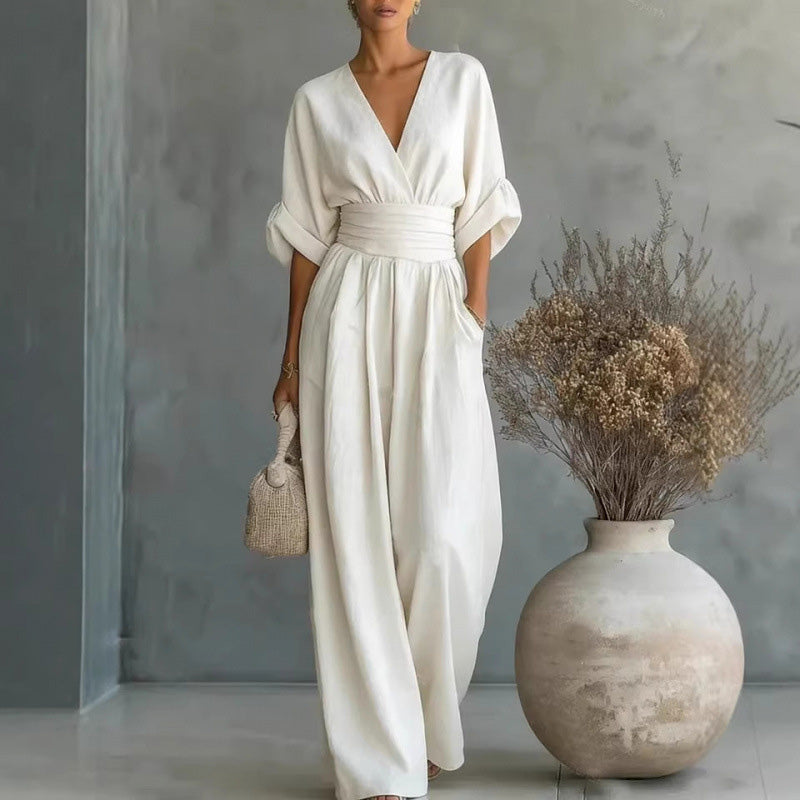 Eleganter V-Ausschnitt Jumpsuit aus Leinenmix