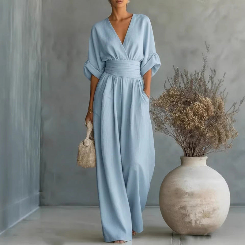 Eleganter V-Ausschnitt Jumpsuit aus Leinenmix