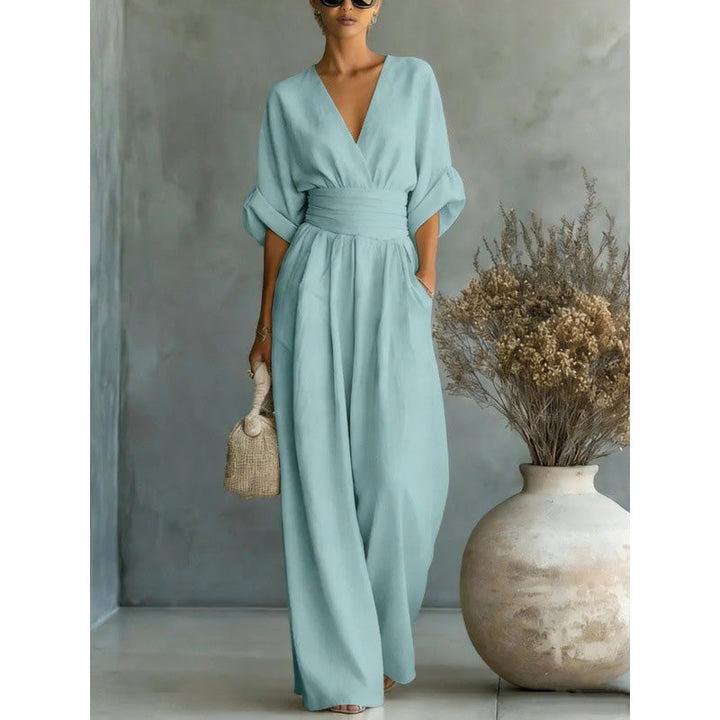Eleganter V-Ausschnitt Jumpsuit aus Leinenmix