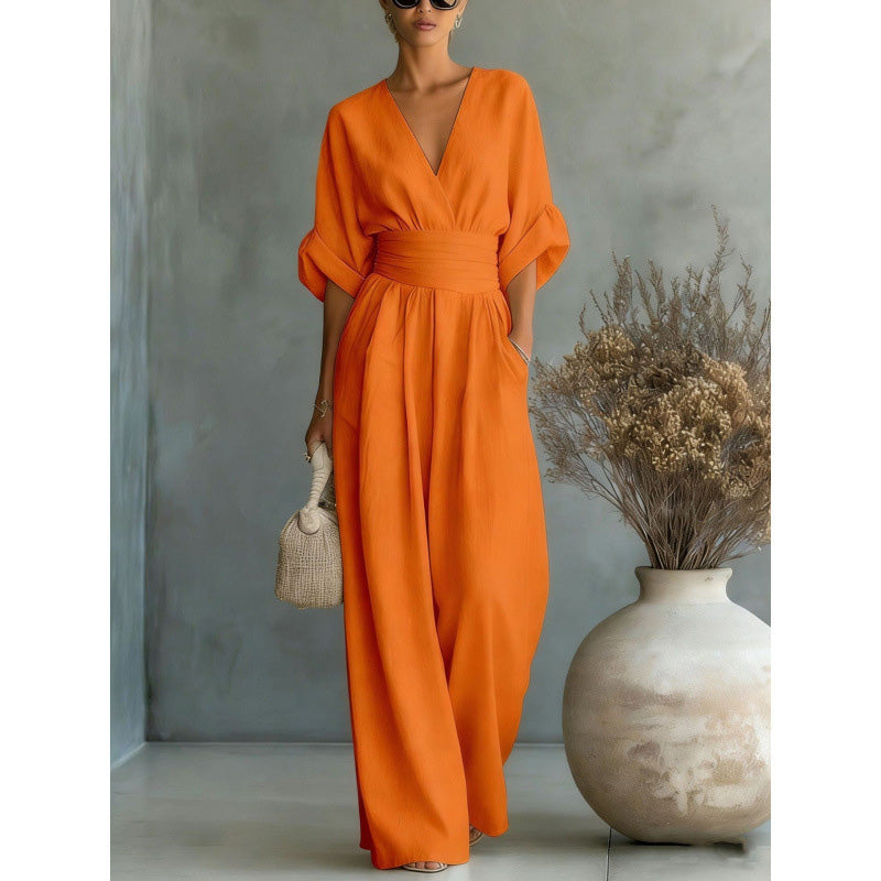Eleganter V-Ausschnitt Jumpsuit aus Leinenmix