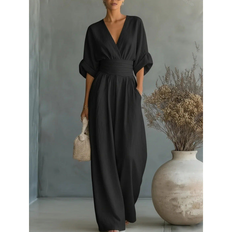 Eleganter V-Ausschnitt Jumpsuit aus Leinenmix